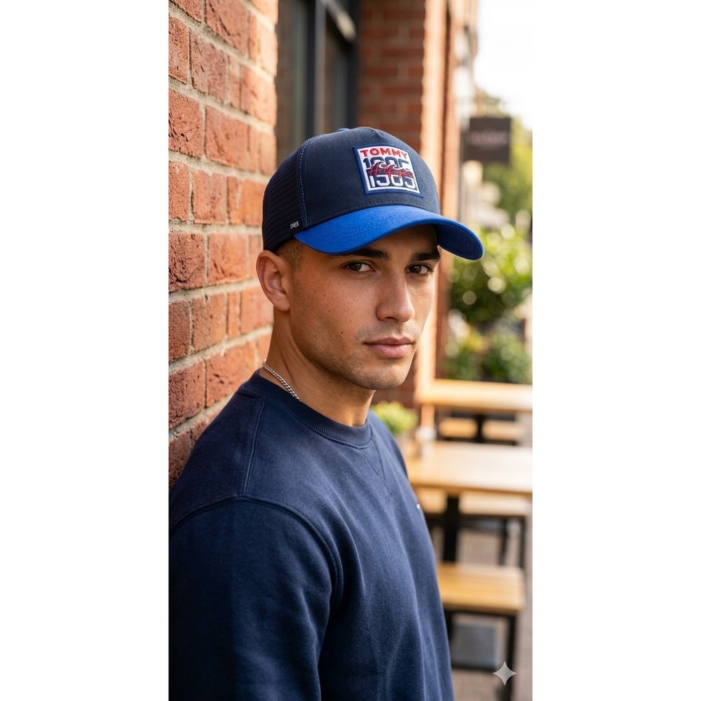 Tommy Hilfiger Men's OS Est 1985 Patch Trucker Hat Navy Royal Blue Vintage Retro